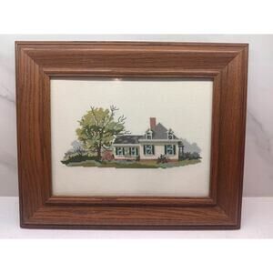 Vintage Needlepoint Cross Stitch Old Farm House Framed Art